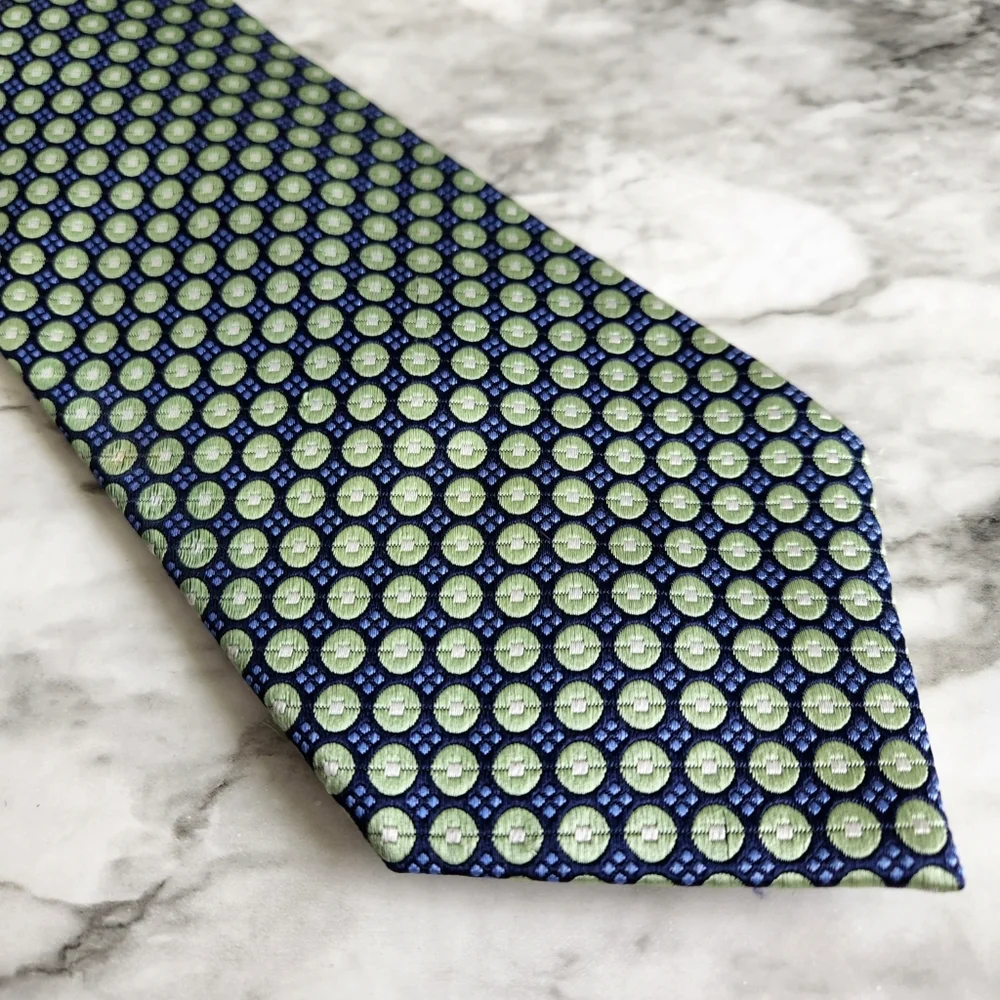100% Silk Hand Made Mens Necktie, Green & Blue Pattern